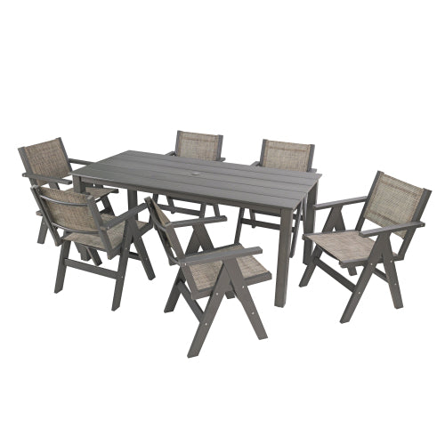 A wooden-textured imitation wood dining table, simple yet with a high quality feel. It has a small tabletop and is perfect for outdoor picnics. Charcoal gray, 68.9 inches.