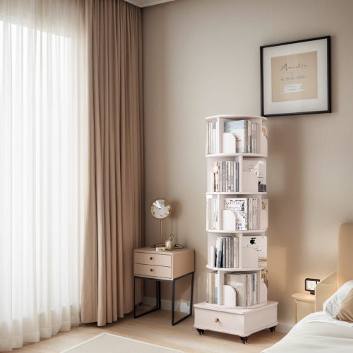 White 6-Tier 360¡ã Rotating Bookshelf with Single Drawer, Tall Narrow Wooden Corner Home Display Rack