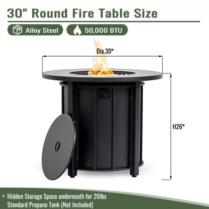 30" Propane Gas Fire Pit Table, 50000 BTU Round Steel Fire Pit with Wood Grain Ceramic Tabletop for Outside Patio Deck Garden Backyard- Black