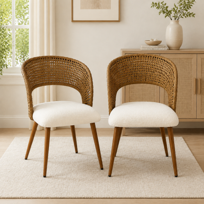 Curved PE Rattan Dining Chairs with Teddy Cushions, Set of 2, Beige/Brown
