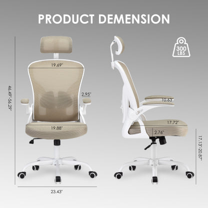 Ergonomic Office Chair, Home Office Desk Chair with Headrest, High Back Computer Chair with Armrests and Adjustable Lumbar Support for Home Office Study Room,White & Khaki