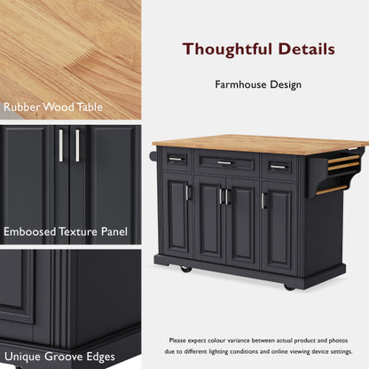 54 Inch Rolling Kitchen Island with Drop Leaf Drawers & Wheels Black