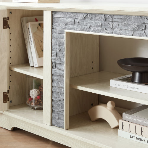 70 Inch White Faux Stone 2-Door TV Stand 4 Adjustable Shelves 6 Cable Holes Media Cabinet for 75 Inch TV