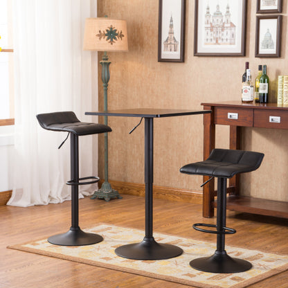 Black Square Top Adjustable Height with Black Leg And Base Metal Bar Table and 2 Swivel Black Bonded Leather Adjustable Bar Stool Bar Sets