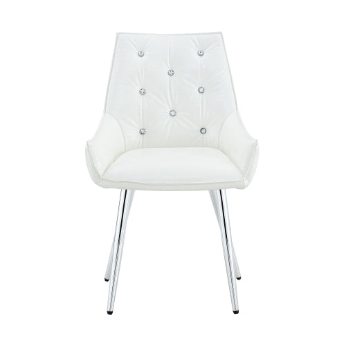 Set of 2 White Crocodile Pattern PU Dining Chairs, Diamond Tuft Chrome Metal Leg 400lbs Luxury Accent Chairs