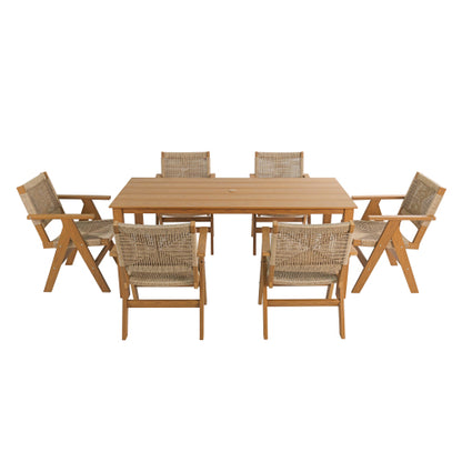 A wooden-textured imitation wood dining table, simple yet with a high quality feel. It has a small tabletop and is perfect for outdoor picnics. It is made of teak wood, measuring 68.9 inches.