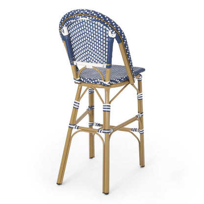 29.5" Outdoor PE Rattan French Barstool, Dark Teal and White, Aluminum Frame with Bamboo Finish (Set of 2)
