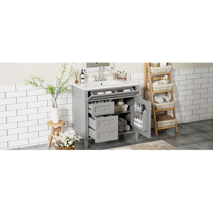 36'' Bathroom Vanity with Top Sink, Modern Bathroom Storage Cabinet with 2 Drawers and a Tip-out Drawer, Single Sink Bathroom Vanity