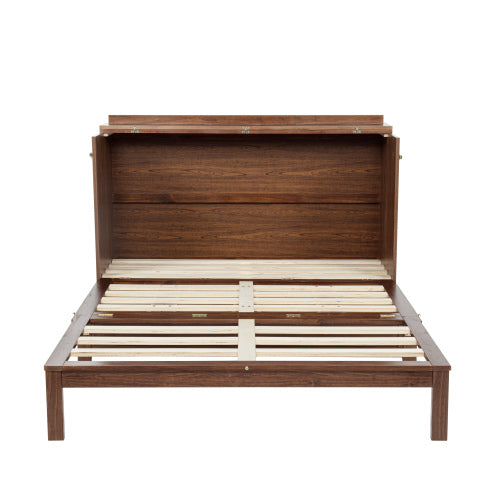 Queen Murphy Cabinet Bed with Charging Station Drawer and Rattan Panels Walnut