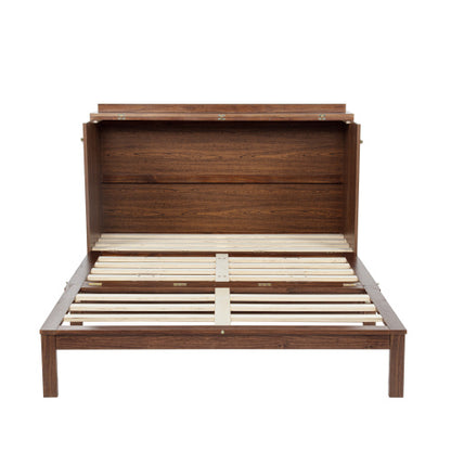 Queen Murphy Cabinet Bed with Charging Station Drawer and Rattan Panels Walnut