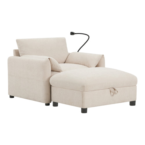 37 inch  Chenille Single Sofa Chair, Storage Ottoman, Dual Charging Ports, Phone Holder