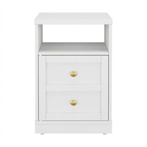 2-Pack White Modern Nightstand, Faux Drawer Design with Cabinet & Open Shelf