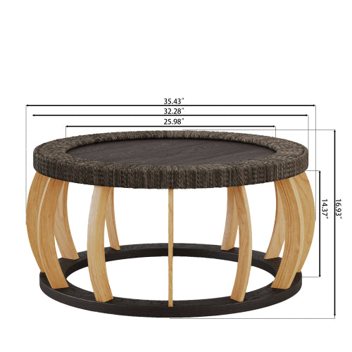 35.43inch  Vintage Rattan Round Coffee Table, Solid Wood Curved Leg Boho Table, Black Brown, 110lbs Capacity