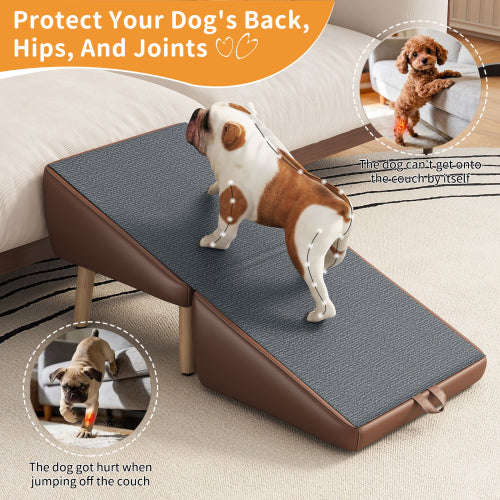 Brown Upgraded 2-in-1 Foldable Wooden Pet Ottoman Dog Ramp, Split Design Pet Steps for Small Dogs & Cats