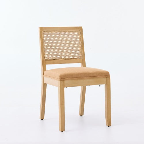 Set of 2 Tan Mid-Century Farmhouse Cane Rattan Dining Chairs, S-Spring Dual Rebound Cushion Solid Hardwood Side Chairs