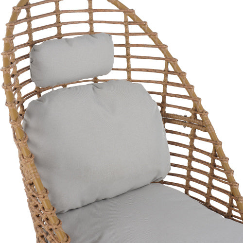 Ellis Outdoor Wicker High-back Swivel Lounge Chair, Teak Finished Leg, Light Brown Faux Rattan and Beige Cushion