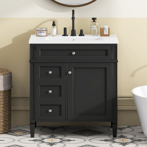 30'' Bathroom Vanity with Top Sink, Modern Bathroom Storage Cabinet with 2 Drawers and a Tip-out Drawer, Single Sink Bathroom Vanity
