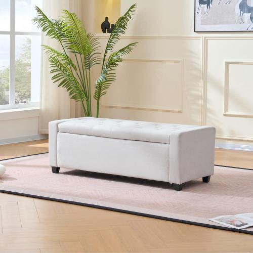 48 inch Beige Faux Linen Tufted Storage Bench, Safety Hinge Armrest Ottoman for Bedroom Entryway Living Room