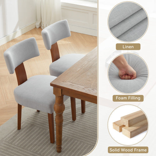 Set of 2 Gray Linen Curved Wingback Dining Chairs, Light Brown Rubber Wood Legs 250lbs Capacity