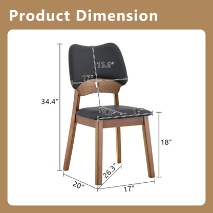 Set of 2 Walnut Wood Dining Chairs, Black PU Upholstered Hollow Back Modern Kitchen Chairs