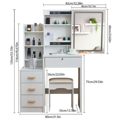 White Modern Vanity Set with LED Mirror, Cushioned Stool, Sliding Glass Door, 3 Lighting Modes, Bedroom Dressing Table
