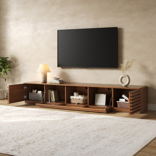 86.6 inch Walnut Legless Horizontal Slat Flip Door TV Stand Low Profile Media Console Fits 90 inch TV