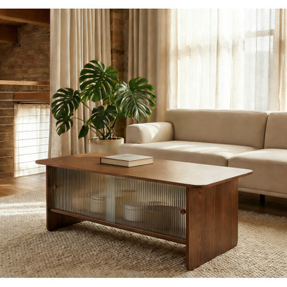 47inch  Rectangular Coffee Table with Fluted Glass Doors, Walnut