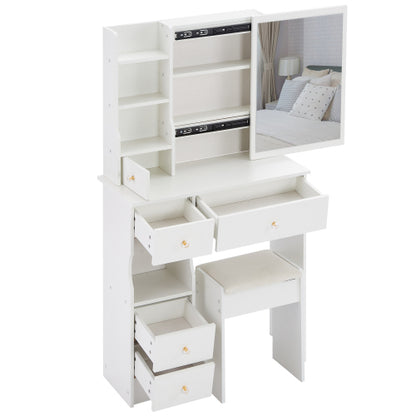 29.2" Small Space Left Drawer Desktop Vanity Table + Cushioned Stool, Extra Large Right sliding mirror, Multi Layer High Capacity Storage, Practical Fashionable Dresser, Suitable For Small Space