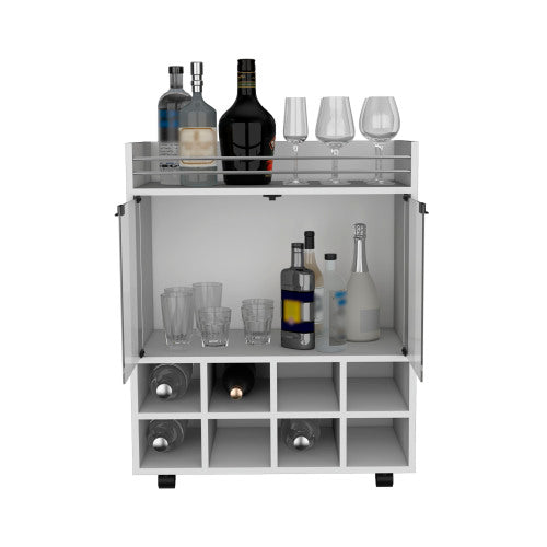 Bar Cart with Built-In 8-Bottle Rack, Double Glass Door Cabinet, and Aluminum-Edged Top Surface