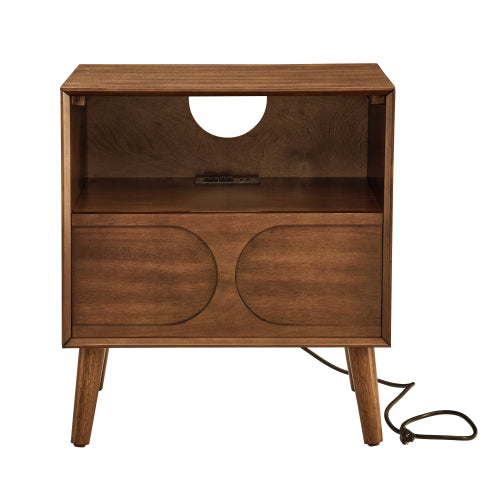 Mid Century Modern Fluted Nightstand with Charging Station USB Ports & Outlet Hole & 4 Solid Wood Legs, Farmhouse End Table with Open Space and Drawer Dresser, Walnut