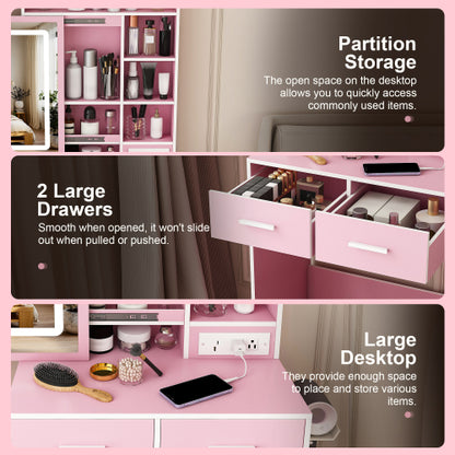 Pink Small LED Vanity Desk, Built in USB?AC Outlet, Hair Dryer Stand, Hidden Storage & Padded Stool