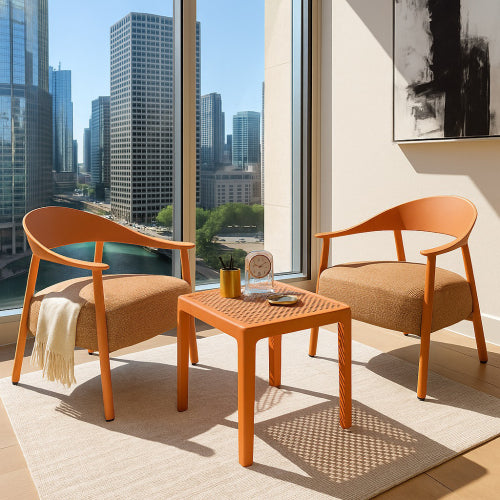 Holiday - Modern 2-Piece Accent Chair Set with Coffee Table – Apricot Brown PP & Steel Frame Sofa Set, Soft Cushioned Seating for Living Room, Lounge, Balcony (2 Chairs + 1 Table)