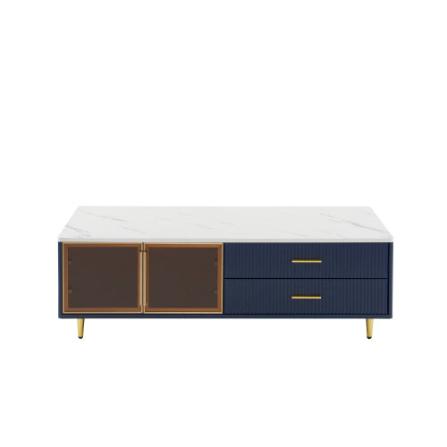 Modern Blue Coffee Table with Glass Doors Drawers LED Lighting Gold Legs