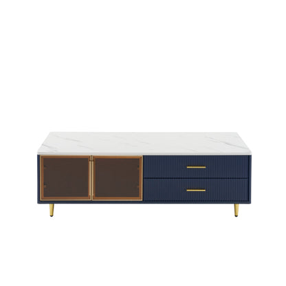 Modern Blue Coffee Table with Glass Doors Drawers LED Lighting Gold Legs