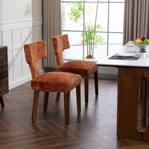 Set of 2 Mid-Century Chenille Fabric Dining Chairs, Orange Farmhouse Chairs with Hardwood & Rubberwood Frame