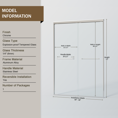 44-48 in. W x 72 in. H Double Sliding Shower Door, Semi-frameless Bypass Bathroom Sliding Door with 1/4" (6mm) Tempered Glass for Walk-in Shower, Chrome 24D03-48CX