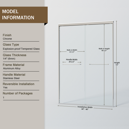 44-48 in. W x 72 in. H Double Sliding Shower Door, Semi-frameless Bypass Bathroom Sliding Door with 1/4" (6mm) Tempered Glass for Walk-in Shower, Chrome 24D03-48CX
