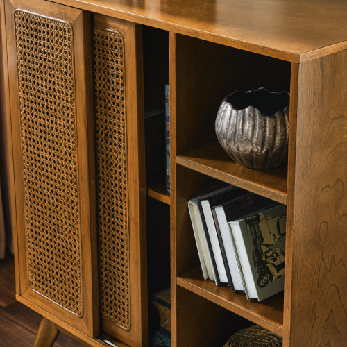 Mid Century Rattan Sideboard Cabinet with Adjustable Shelves and Wood Legs Light Wood