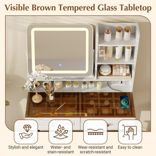 White Amber Glass Vanity Desk, 360° Rotatable LED Mirror, USB?AC Power Outlet, Metal Legs & PU Stool