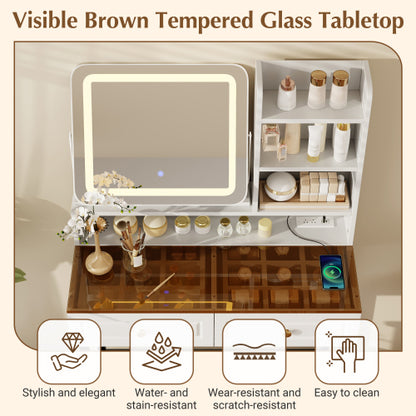 White Amber Glass Vanity Desk, 360° Rotatable LED Mirror, USB?AC Power Outlet, Metal Legs & PU Stool