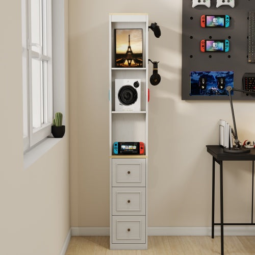 73 Inch Tall Slim Antique White Storage Cabinet 3 Drawers & Side Hooks Home Display Bookcase