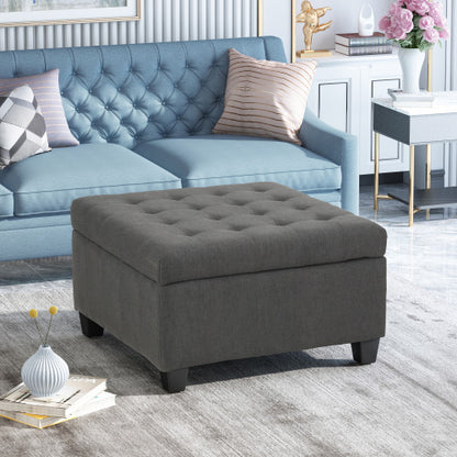 Dark Gray Fabric Tufted Storage Ottoman with Birch Wood Legs