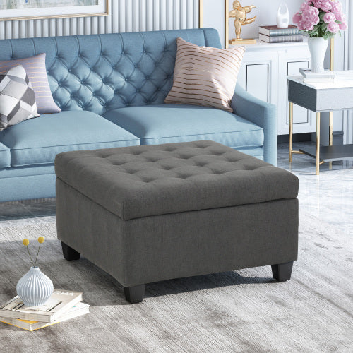 Dark Gray Fabric Tufted Storage Ottoman with Birch Wood Legs