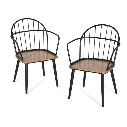 Set of 2 Light Birch Finish Industrial Dining Chairs, Wooden Seat, Matte Black Metal Tube Frame