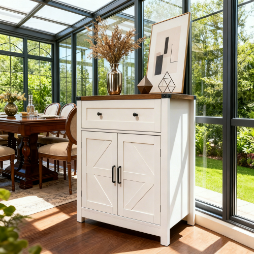 White & Wood-Grain Top Farmhouse Barn-Door Storage Cabinet, Coffee Bar Buffet Sideboard with Drawer for Kitchen & Living Room