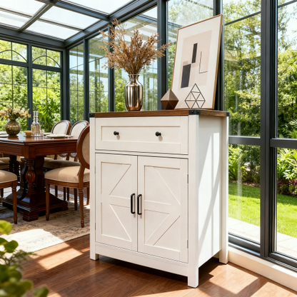 White & Wood-Grain Top Farmhouse Barn-Door Storage Cabinet, Coffee Bar Buffet Sideboard with Drawer for Kitchen & Living Room