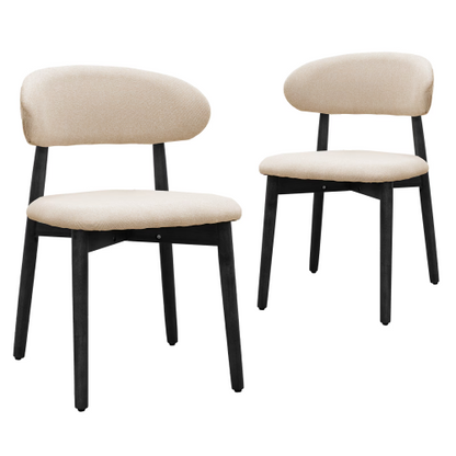 Set of 2 Beige Cotton-Linen Dining Chairs, Black Solid Oak Wood Legs 300lbs Capacity Armless Side Chairs