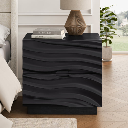 Black Solid Wood 2-Drawer Nightstand, Handle-Free Curved Front Bedside Table