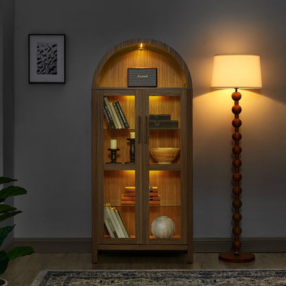 Brown High Arched LED Light Wooden Storage Cabinet Adjustable Glass Partition Modern Retro Home Multi-Functional Display Cabinet