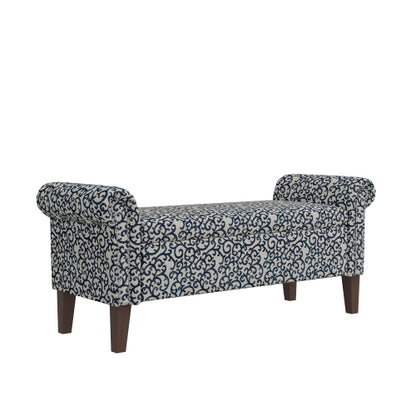 Traditional Rolled Arm Storage Bench Ottoman with Pewter Nailhead Trim in Black Curly Vine Pattern with Dark Brown Solid Wood Legs